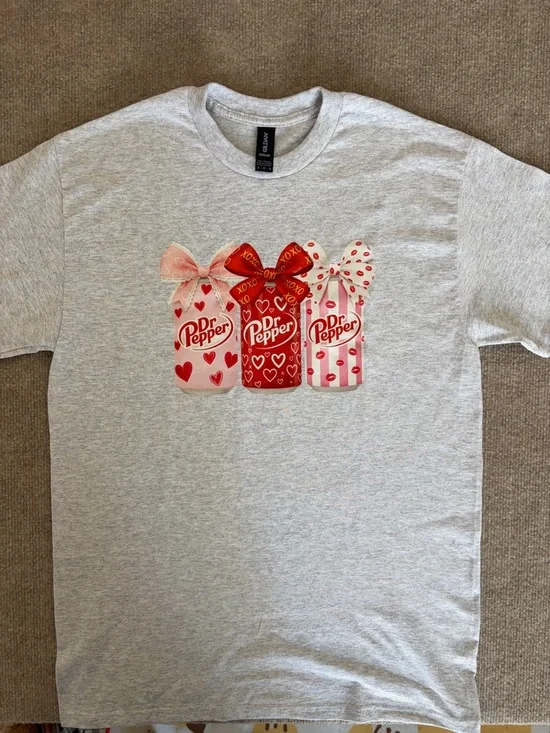 Gildan Gray Tee with Pink & Red Dr Pepper Bottle Graphics - Picture 1 of 3